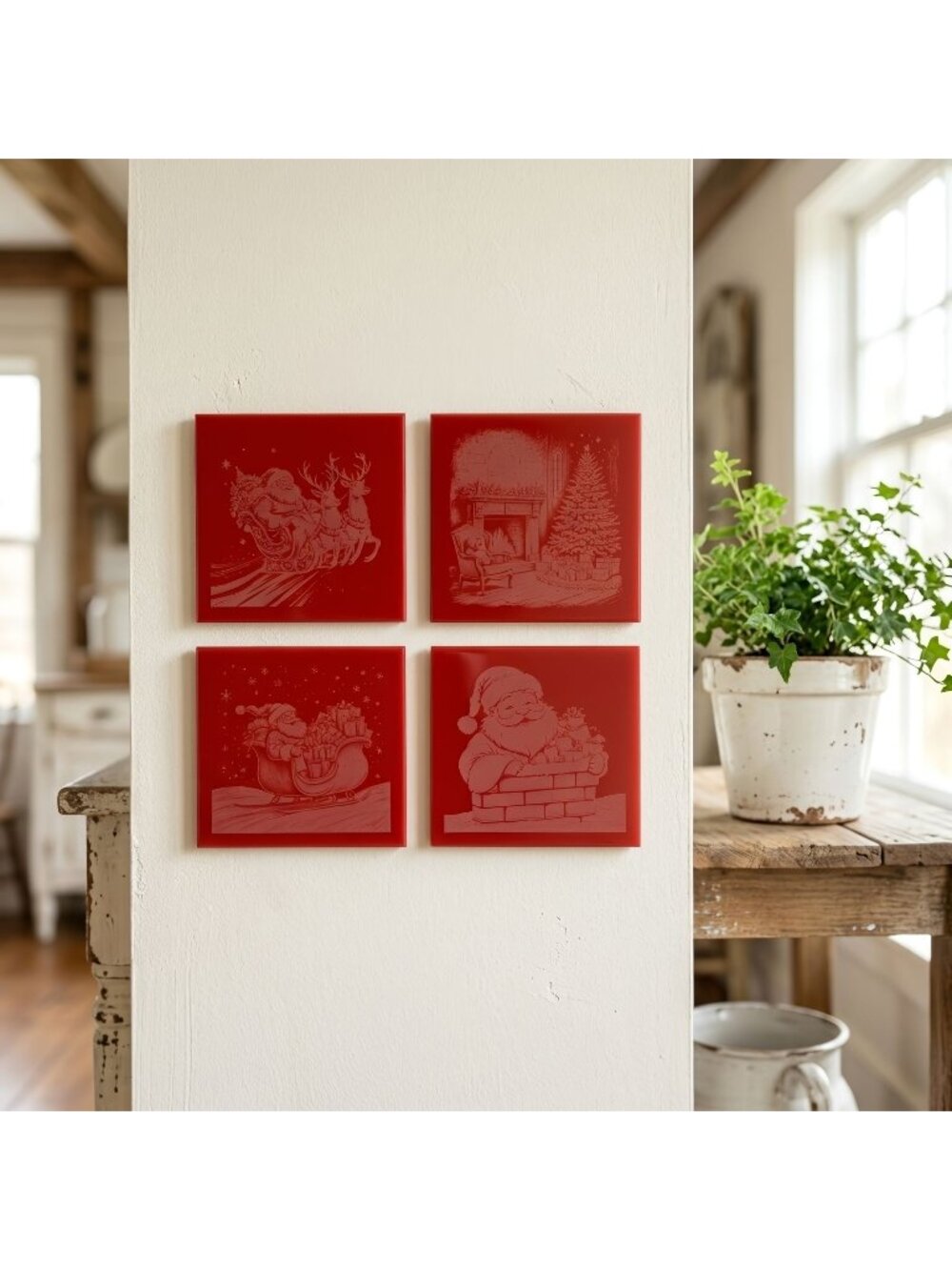 Christmas Tile Ceramic Engraved Santa Sleigh And Fireplace Scenes Set of 4